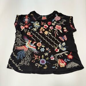 Johnny Was Black Top with Floral Embroidery